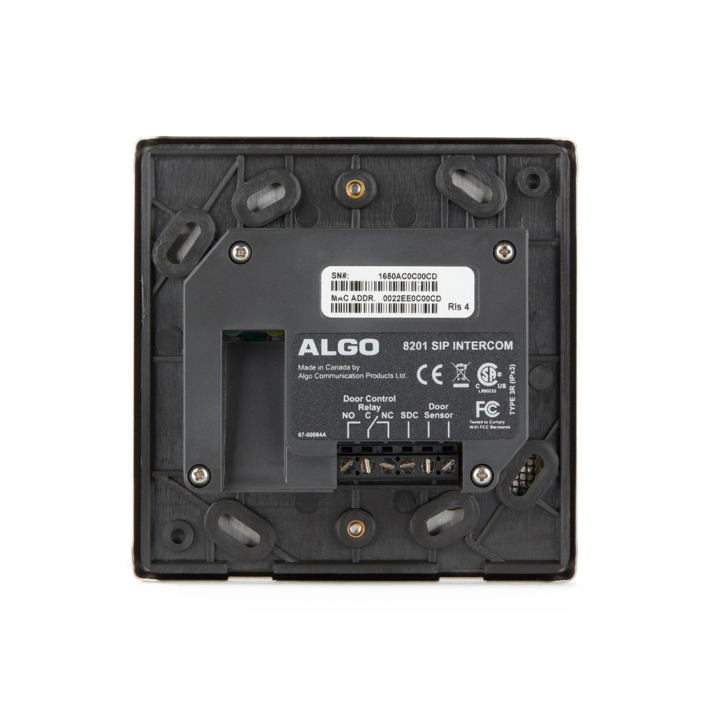 Rear view of the Algo ALG-2801, showing the PoE port and the wiring area, wiring, and mounting areas.