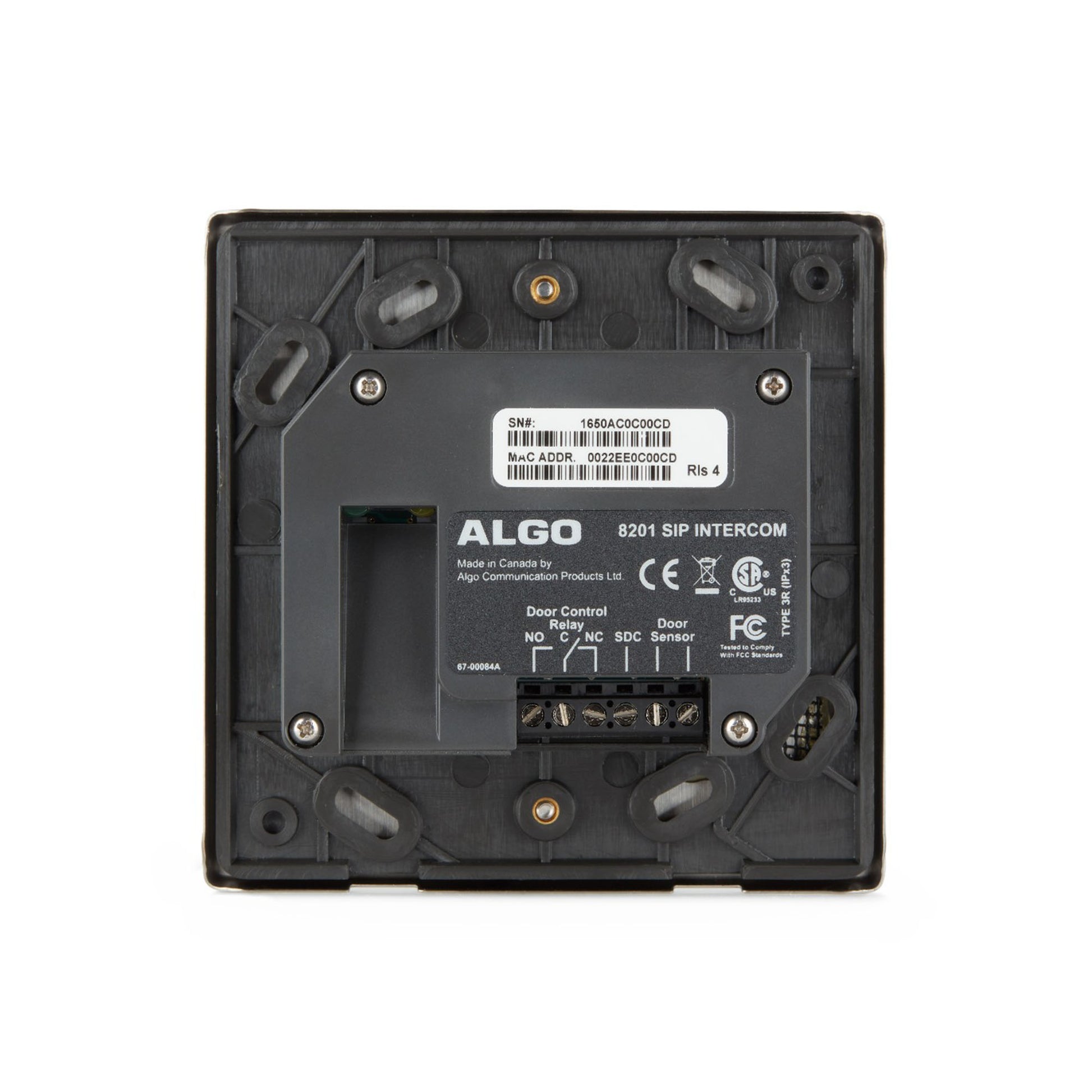 Rear view of the Algo ALG-2801, showing the PoE port and the wiring area, wiring, and mounting areas.