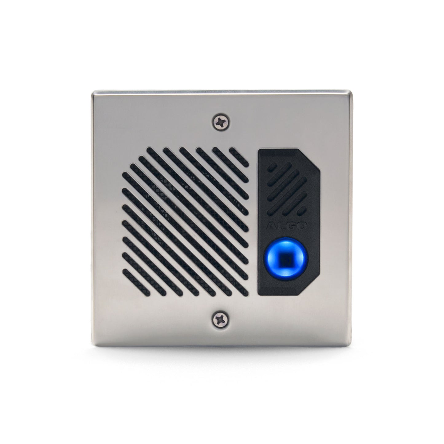 Front-facing view of the Algo 8201 PoE intercom showing call button and speaker grill in a compact, brushed metal enclosure.