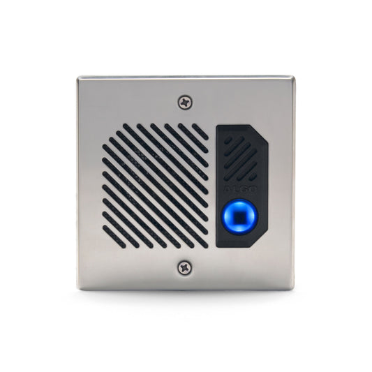 Front-facing view of the Algo 8201 PoE intercom showing call button and speaker grill in a compact, brushed metal enclosure.